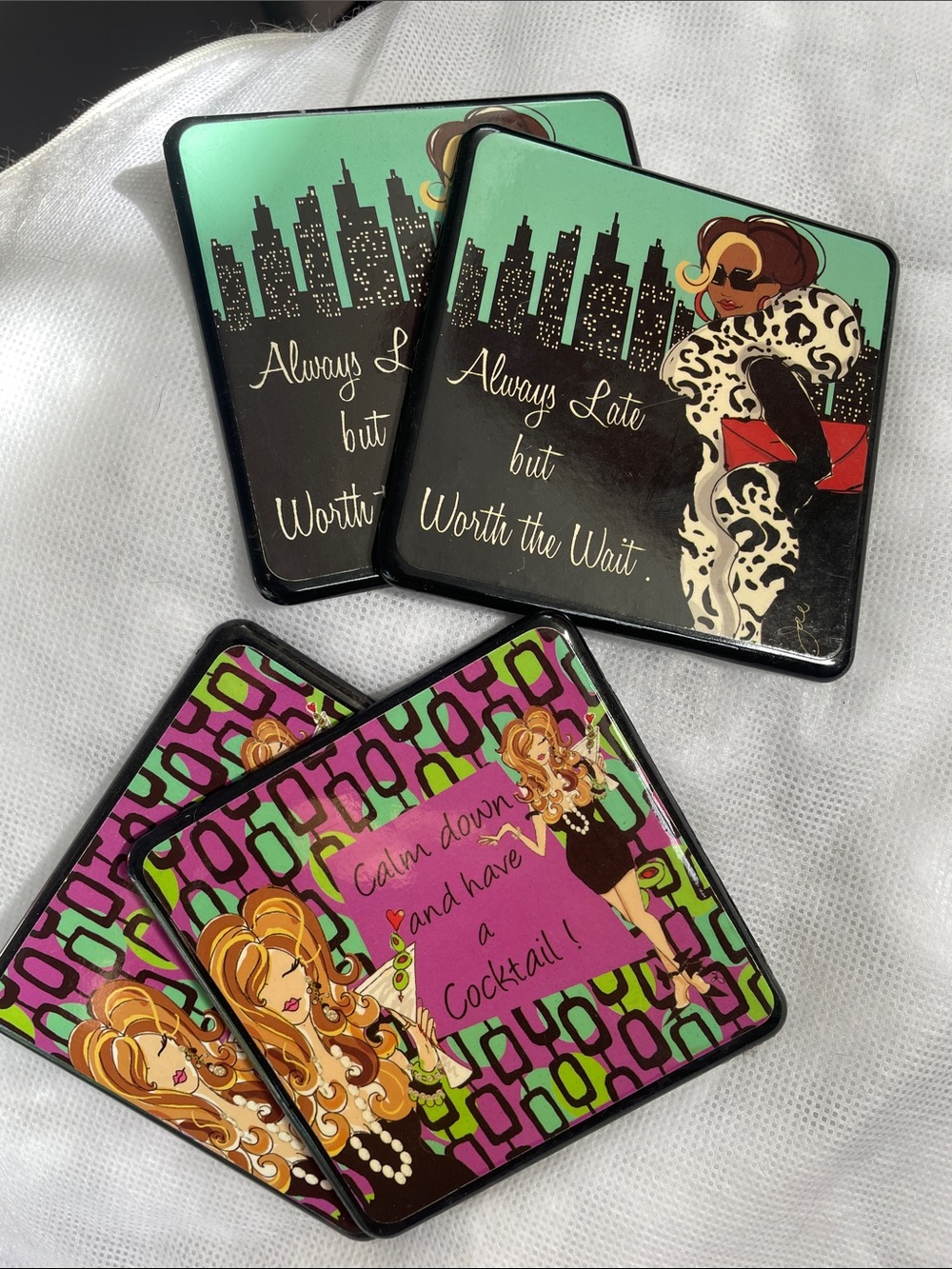 Set of 4 Retro Cocktail Coasters - Teal, Black, Pink, Green